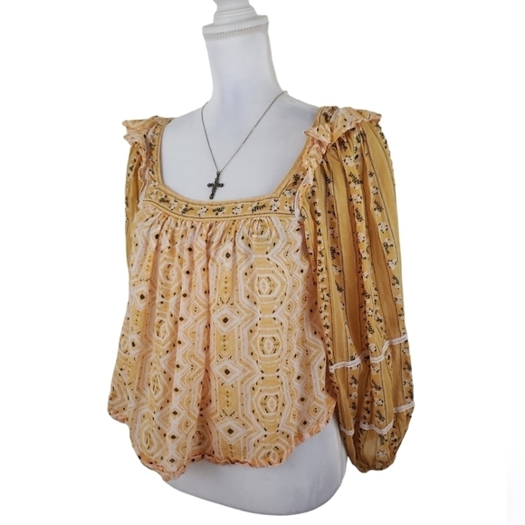 Free People~Woman S~Ochre Yellow Boho Tunic Smocked Henley CropTop Cotton. - Picture 5 of 13